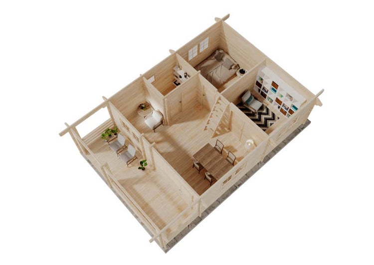 Draufsicht auf den Grundriss eines Gartenhauses aus hellem Holz mit mehreren Räumen, Wohnbereich, Schlafzimmer, Arbeitszimmer und Terrasse.