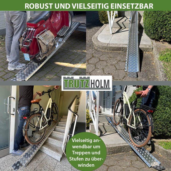 Mehrfachansicht einer Aluminiumrampe von TrutzHolm im Einsatz zum Überwinden von Stufen mit Motorrad und Fahrrad