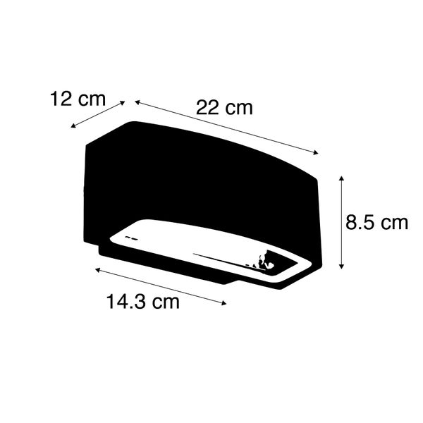 Maßzeichnung Wandleuchte: Länge 22 Zentimeter, Tiefe 12 Zentimeter, Höhe 8,5 Zentimeter, Öffnung unten 14,3 Zentimeter.