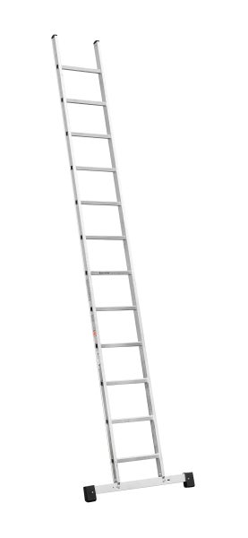 Eine einteilige Anlegeleiter aus Aluminium mit zehn Sprossen und einer Quertraverse für erhöhte Standsicherheit.