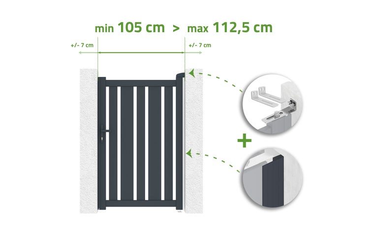 Illustration einer Gartentür mit Maßangaben für die Montage zwischen zwei Säulen