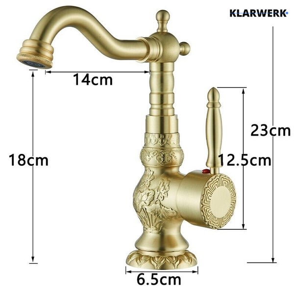 Antike Waschtischarmatur von Klarwerk mit Blumenmuster und Maßangaben für eine einfache Montage am Waschbecken.