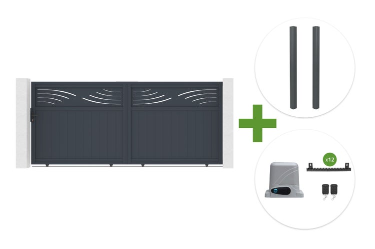 Doppelflügeltor aus Metall mit Dekorstreifen inklusive zwei Pfosten und elektrischem Torantrieb mit Fernbedienung und Zahnstangen.