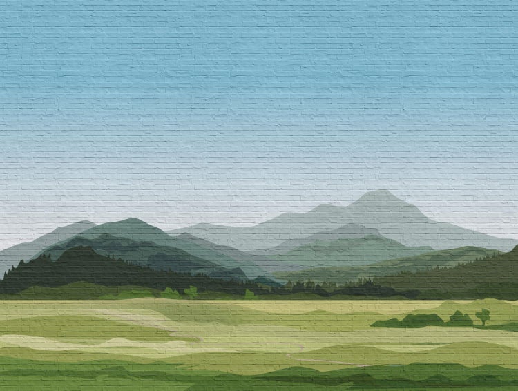 Illustration einer Berglandschaft auf einer Ziegelmauer