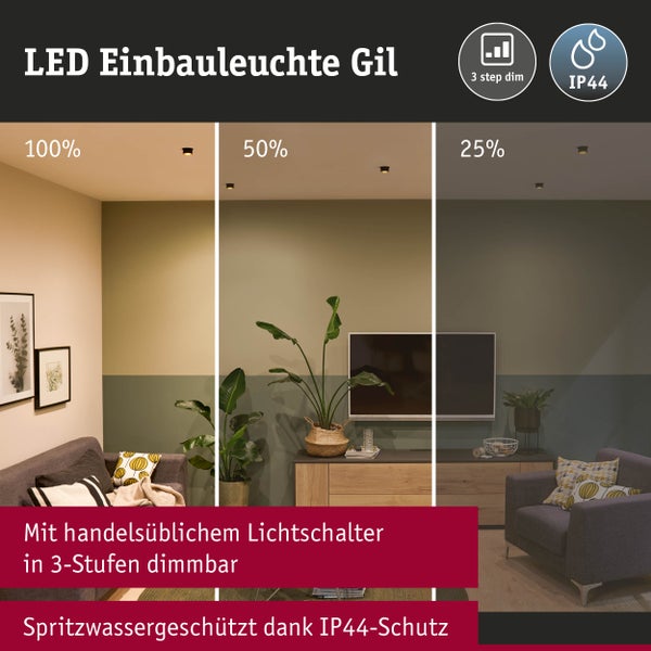 LED Einbauleuchte Gil im Wohnzimmer, in drei Stufen dimmbar mit Lichtschalter, spritzwassergeschützt nach IP44 Schutzart.