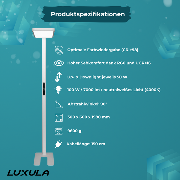 LUXULA LED Stehlampe Up/Down Bürolampe Weiß 100W 7000LM 4000K Neutralweiß UGR16 CRI98 Dimmbar
