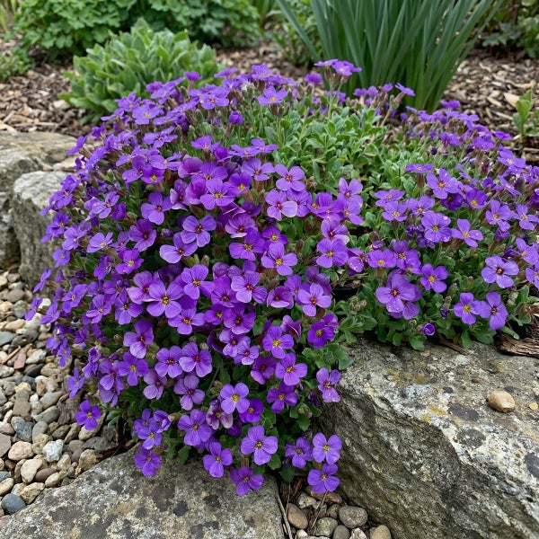 Blaukissen Aubrieta mit violetten Blüten, wachsend über Steinen im Garten.