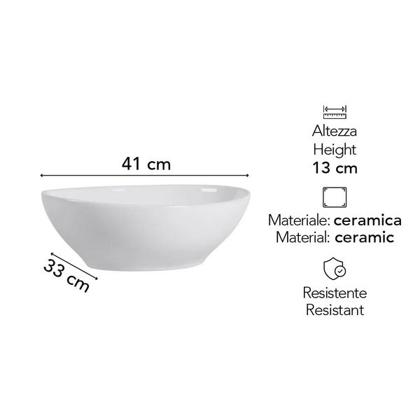 Weißes Aufsatzwaschbecken aus Keramik mit den Maßen 41 Zentimeter mal 33 Zentimeter und einer Höhe von 13 Zentimeter. Robustes Material.