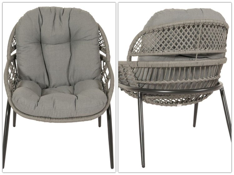 Grauer Rattansessel mit Kissen und Metallbeinen, Vorder- und Seitenansicht