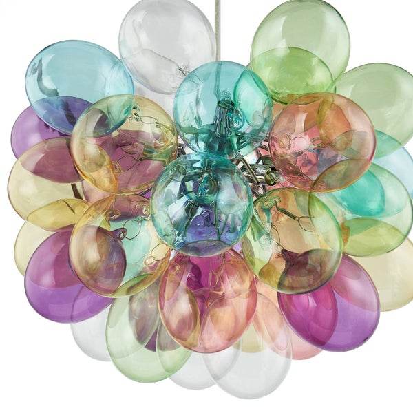 Moderne Pendelleuchte mit bunten Glaskugeln in Cluster-Optik, mehrfarbige Glaselemente.