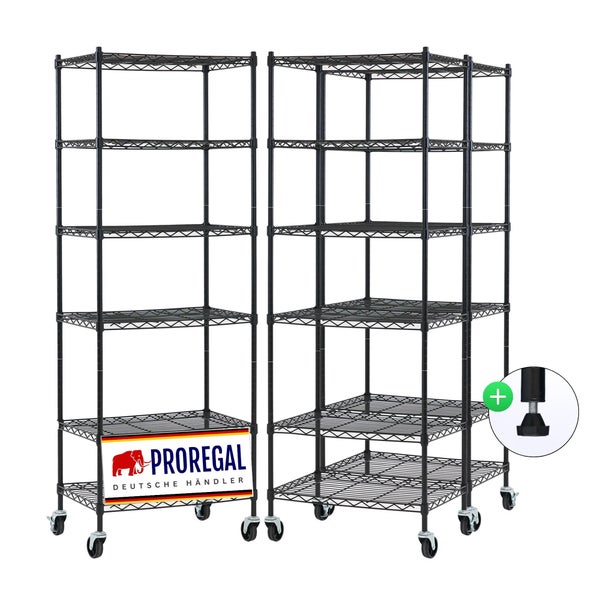 Schwarzes Metall-Drahtregal-Set mit Rollen und höhenverstellbaren Füßen von Proregal.