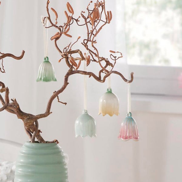 FRANK FLECHTWAREN|Hänger Blumenglöckchen, 8er Set, 4,5 x 4,5 x 5 cm, PORZELLAN, TEXTIL