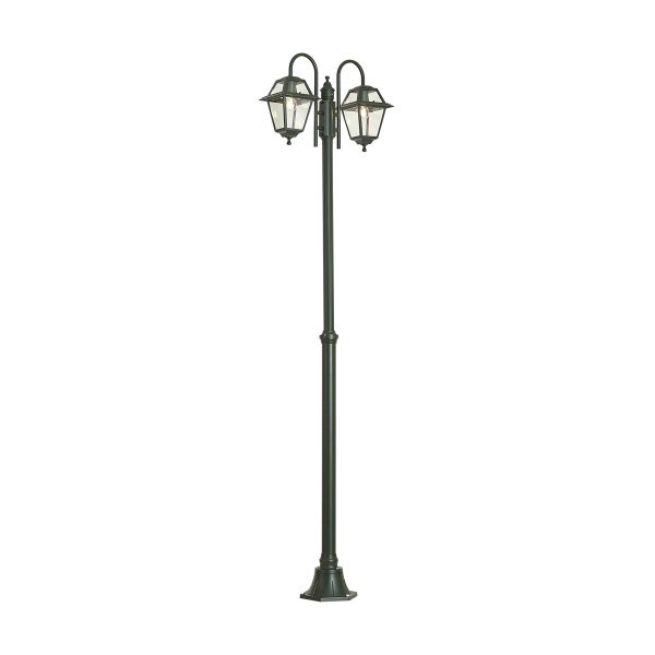 Zweiflammige Gartenlaterne aus Metall im klassischen Stil mit zwei Glaseinsätzen zur Außenbeleuchtung