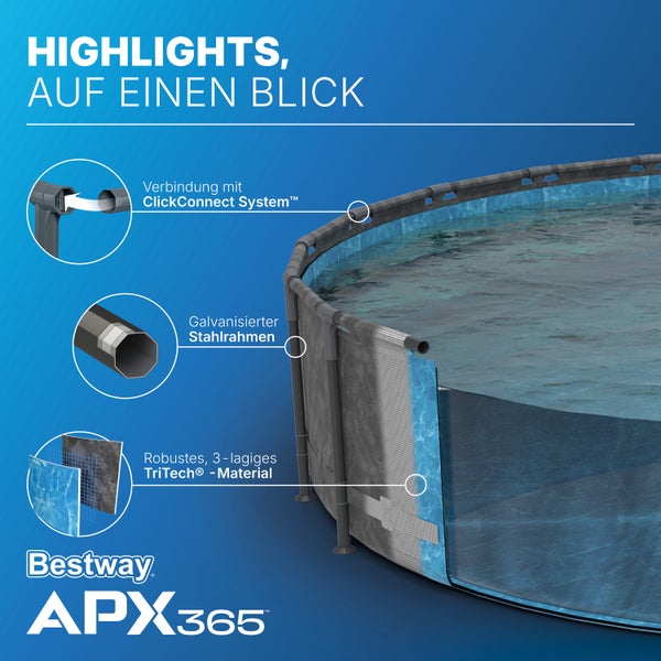 Bestway APX365 Pool Highlights: ClickConnect System, galvanisierter Stahlrahmen und robustes dreilagiges TriTech-Material.