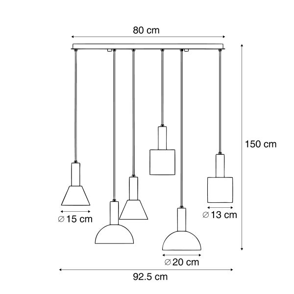 Technische Zeichnung einer Pendelleuchte mit sechs Lampen und Maßangaben