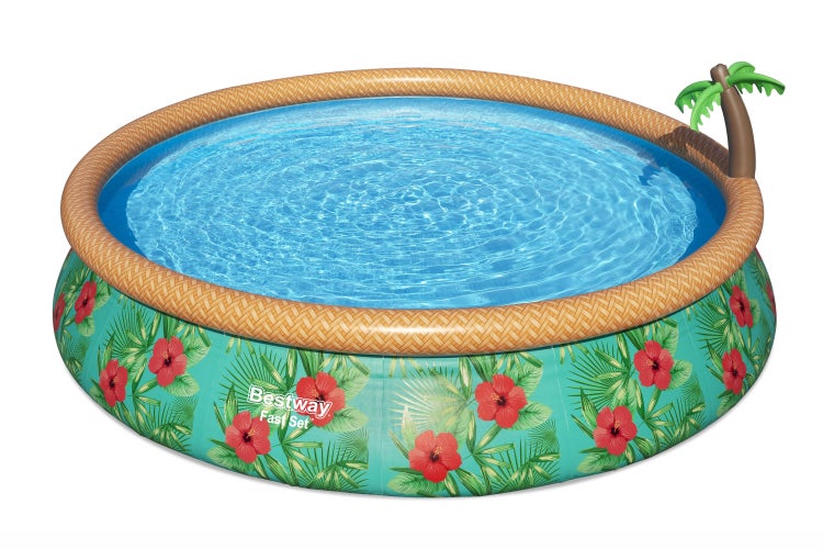 Bestway Fast Set Aufstellpool mit tropischem Hibiskus-Muster, Luftring in Rattan-Optik und aufblasbarer Palme.