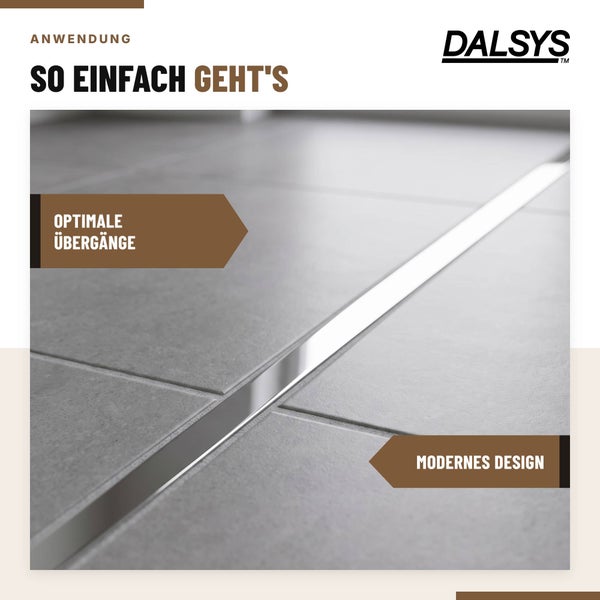 Dalsys Logo mit Anwendungsbeispiel einer Fliesenschiene zur Gestaltung von Bodenuebergaengen in einem modernen Fliesenboden