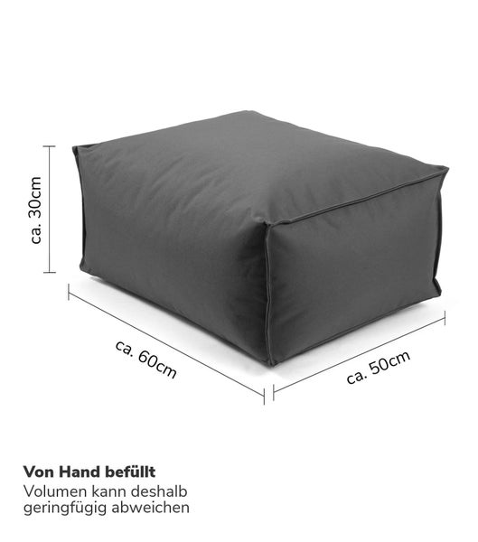 Outdoor Pouf, Hocker 60x45cm in Anthrazit / Schwarz für Balkon und Garten 'Der Ruhestifter' Bodenkissen eckig, Sitzwürfel, Fußhocker, Sitzpouf, Beistelltisch, EPS-Perlen Füllung, Indoor geeignet