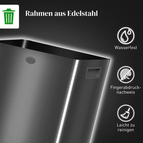 Detailansicht eines Mülleimers aus Edelstahl mit Symbolen für wasserfest, resistent gegen Fingerabdrücke und leicht zu reinigen.