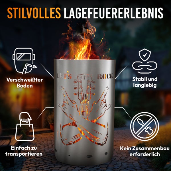 Feuerkorb aus Metall mit Gitarrenmotiv und dem Schriftzug Lets Rock für ein stilvolles Lagerfeuererlebnis