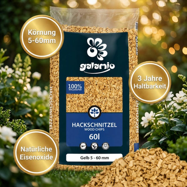 Ein Sack Galamio Holzhackschnitzel aus Waldkiefer mit einer Körnung von 5 bis 60 Millimeter und einem Volumen von 60 Liter.