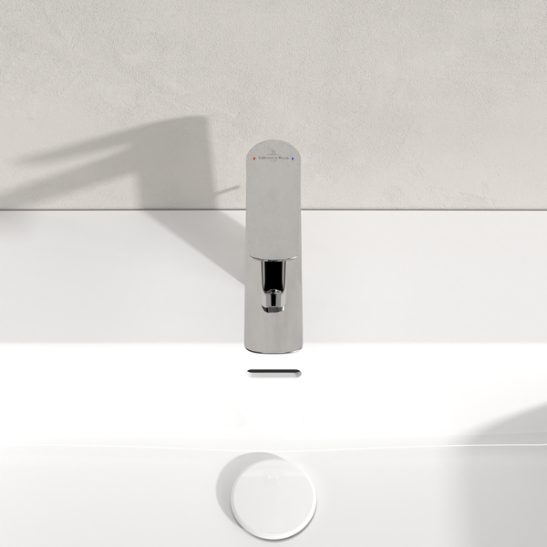 Villeroy & Boch Oasis Waschtischarmatur ohne Zugstange, Wasserhahn Bad mit Keramikkartusche, Waschbeckenarmatur wassersparend, Auslauf Höhe 114mm, rund, Chrom