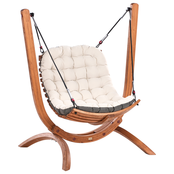 Hängesessel mit Holzrahmen und gepolstertem Kissen