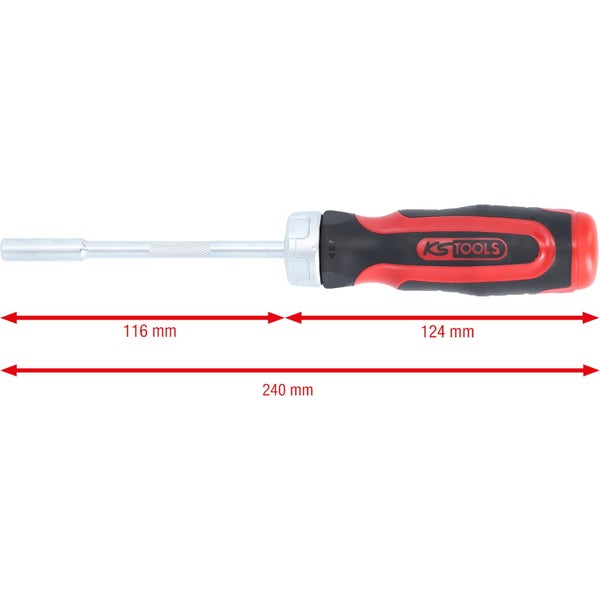 Detailansicht eines Schraubendrehers mit Drehrichtungspfeilen zur Illustration der Funktionsweise