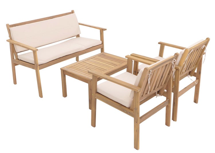 Gartenmöbelset aus Holz mit Bank, zwei Stühlen und Tisch