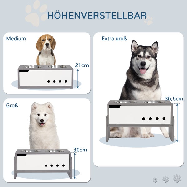 PawHut Hundenapf erhöht, 3 Stufig Höhenverstellbar Futternapf für Hunde mit Stauraum, Anti-Schling-Matte, Fressnapf mit 2 x 2L Edelstahl-Schüsseln, für mittelgroße bis extra große Hunde, Grau