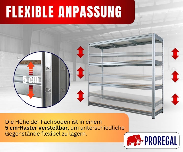 ProRegal Schwerlastregal mit im 5 Zentimeter Raster höhenverstellbaren Fachböden für flexible Lagerung. ProRegal Logo.
