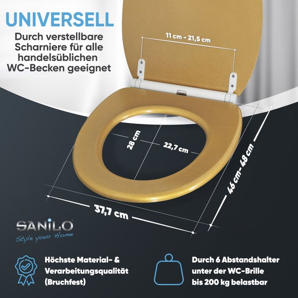 SANILO Logo. Bruchfester Universal-WC-Sitz. Scharniere 11 bis 21,5 Zentimeter. Maße 37,7 mal 46 bis 48 Zentimeter. Belastbar bis 200 Kilogramm.