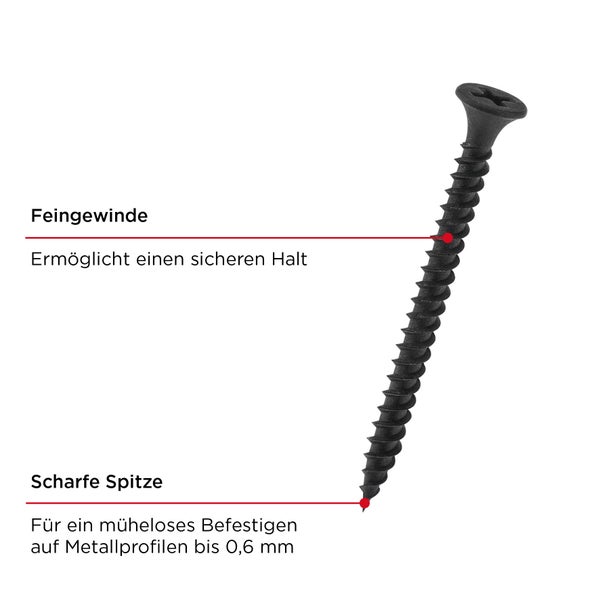 kwb Schnellbauschrauben 3.9x45 mm. PH2, 350 Stück, PH2, Trockenbauschrauben, Rigips Schrauben, Schwarz, Phosphatiert, Feingewinde, Kreuzschlitz