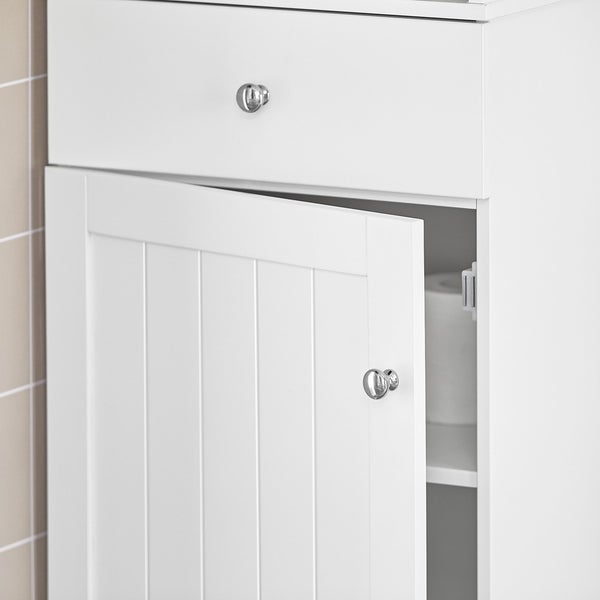 Weißer Badezimmerschrank mit Schublade und offener Tür