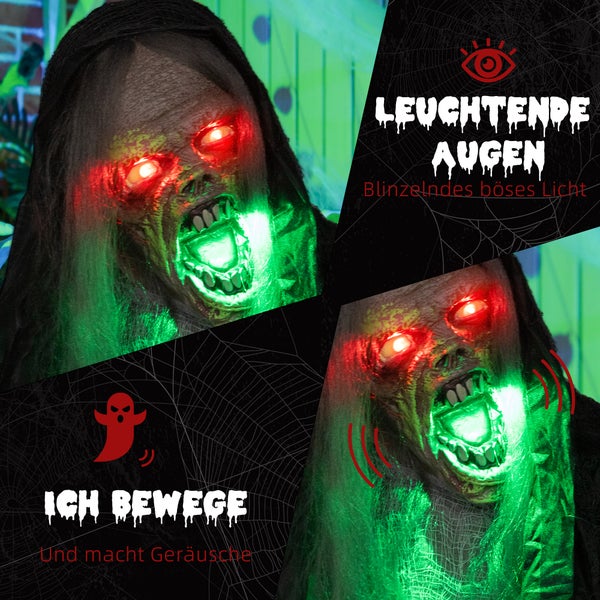 HOMCOM 183cm Halloween Dekoration Hängendes Monster mit grün LED-Lichter, Soundfunktion, Haustür Deko mit verstellbare Arme, Garten Dekofigur in Lebensgröße für Party