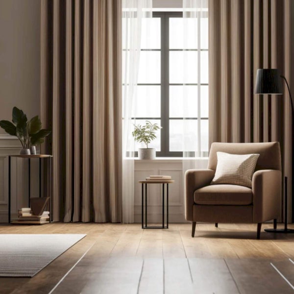 Wohnzimmer mit Sessel, Vorhängen und Beistelltischen für eine gemütliche Atmosphäre