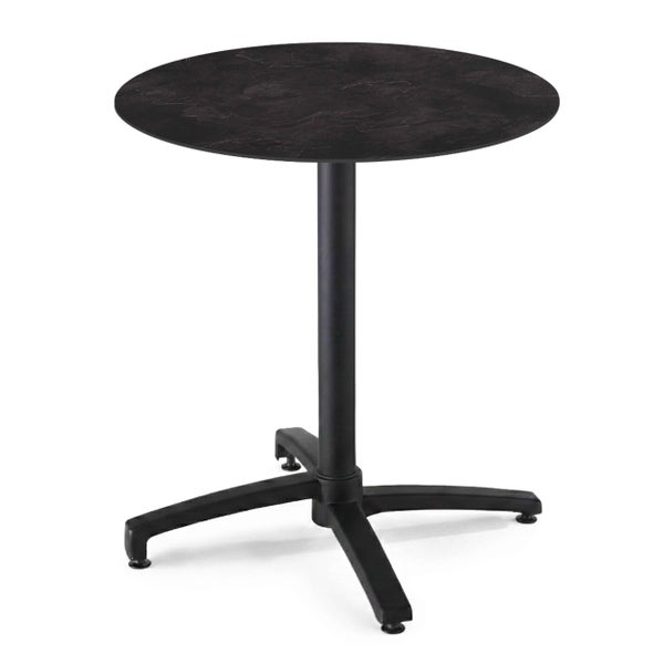 Runder Bistrotisch mit dunkler Tischplatte in Steinoptik und schwarzem Metallgestell.