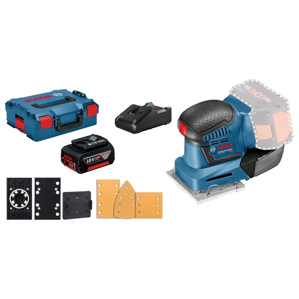 Bosch Akku-Schwingschleifer GSS 18V-10 / 1x 5,0 Ah Akku + Ladegerät inkl. Zubehör-Set in L-Boxx