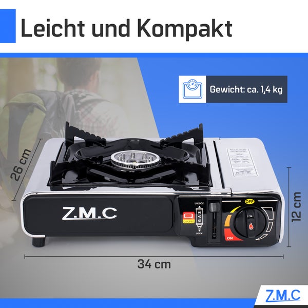 Z.M.C Edelstahl Gaskocher 1-flammig + Aufbewahrungskoffer + 20x Gaskartuschen 227g, Campingkocher für Outdoor und Innenraum, Campinggaskocher 2,2 kW, Balkon Tischgrill mit Piezozündung
