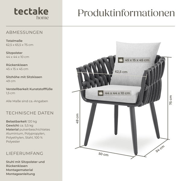 Technisches Datenblatt mit Abmessungen eines Gartenstuhls von tectake Home inklusive Sitzpolster, Rückenkissen und Materialangaben.