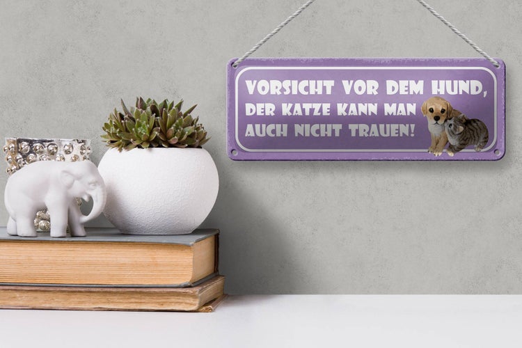 Blechschild Spruch 27x10cm Vorsicht Hund Katze kann auch Dekoration