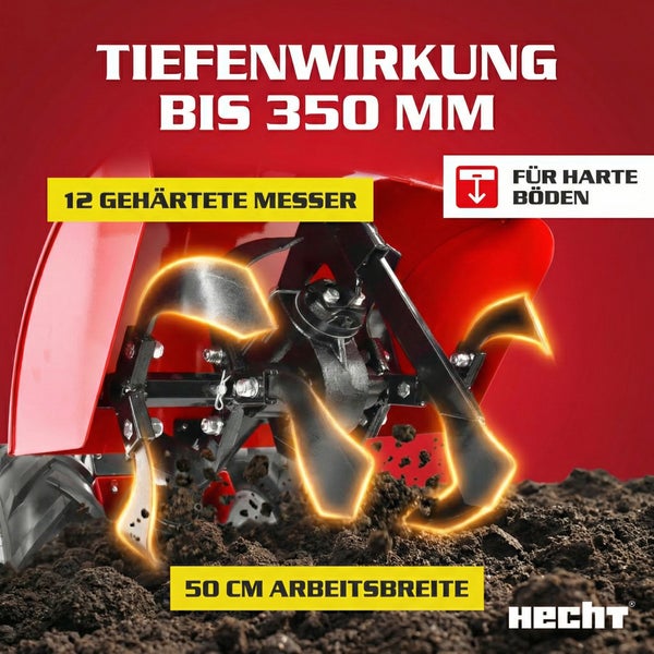 Hecht Motorhacke mit 12 gehärteten Messern für harte Böden und einer Arbeitstiefe bis 350 mm und 50 cm Arbeitsbreite