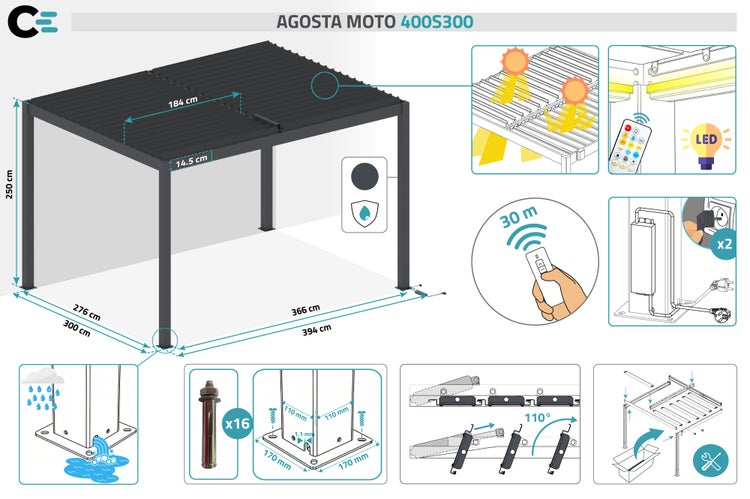 Pergola Agosta Moto mit motorisiertem Lamellendach, LED-Beleuchtung, Maße 394 mal 300 mal 250 Zentimeter, verstellbar bis 110 Grad, CE-Kennzeichnung.