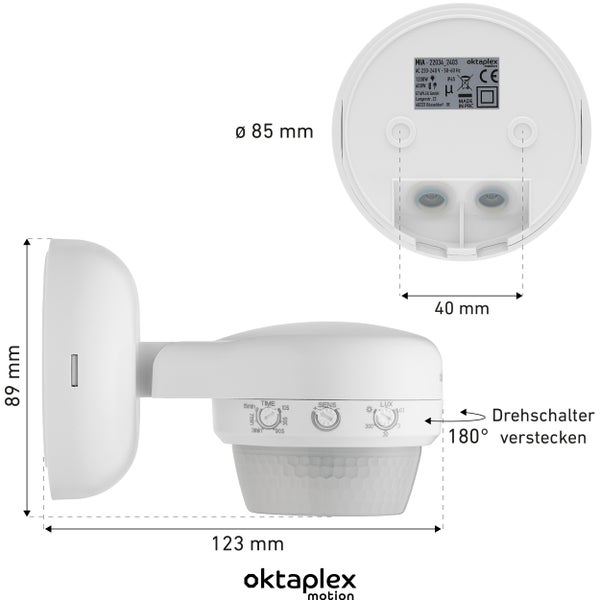 Oktaplex Mia Bewegungsmelder Aussen 360 Grad weiß IP65 10m Reichweite für Wand / Deckenmonatge