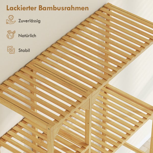 Lackiertes Bambusregal mit stabilen Lattenböden, zuverlässig und aus natürlichem Material gefertigt.