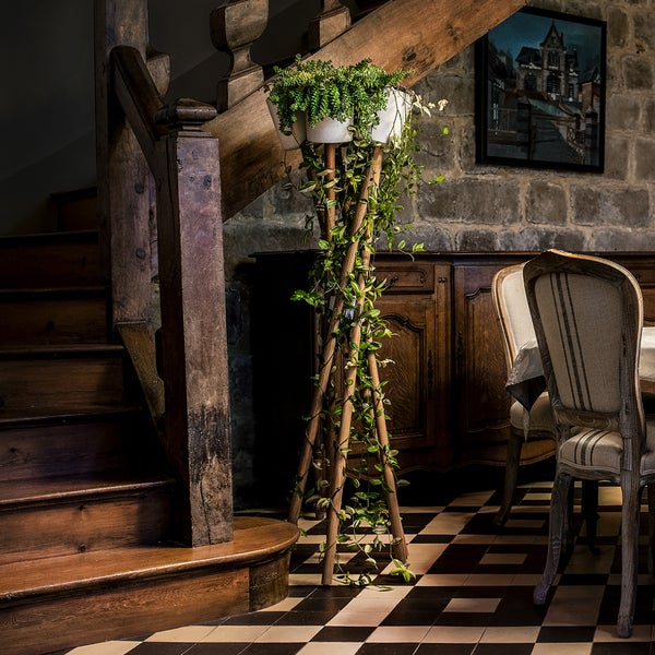 Rustikaler Raum mit Holztreppe, kariertem Boden und einem hohen Pflanzenständer aus Holz mit Rankpflanzen vor einer Natursteinwand.