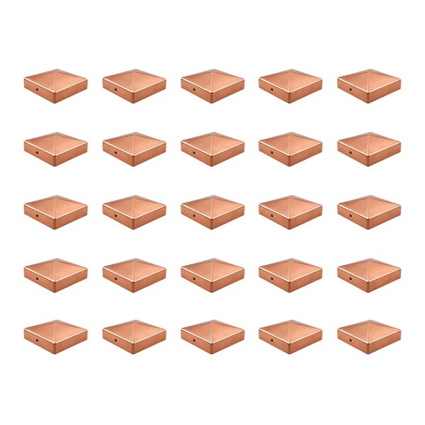 25 quadratische Pfostenkappen in Pyramidenform aus Kupfer für Zaunpfosten.