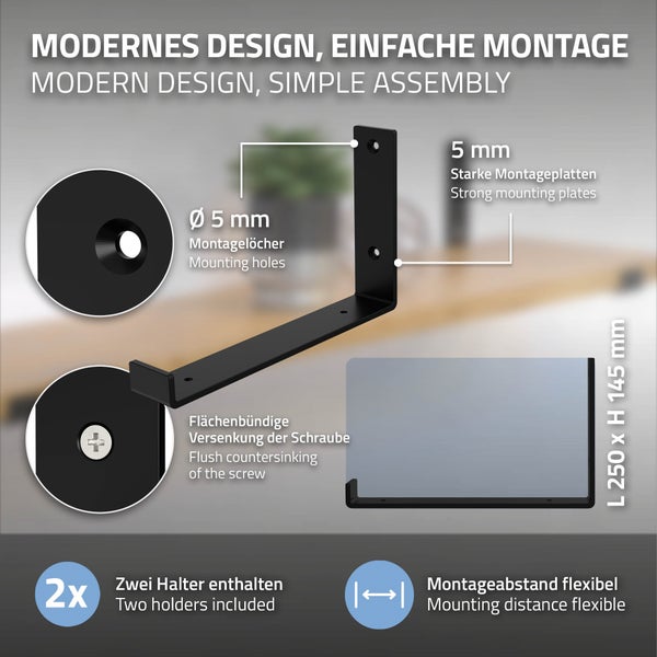 ML-Design 8 Stück Regalhalterung, 25x4x14 cm, Schwarz, Metall, 10 Zoll Regalhalterungen, Industrielle Regalwinkel, Regalträger für Wandmontage, 90 Grad Wandhalterung, L-Form Wandregal, inkl. Schrauben
