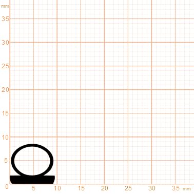 Schwarze Profildichtung mit rundem Querschnitt auf flacher Basis, circa 8 Millimeter hoch, auf Millimeterpapier.