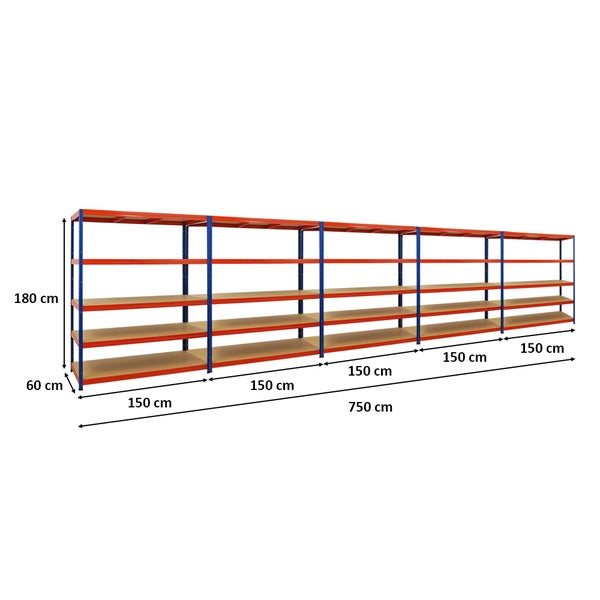 PROREGAL Mega Deal 5x Schwerlastregal Giant Elephant HxBxT 180 x 150 x 60cm Fachlast 200kg Blau-Orange